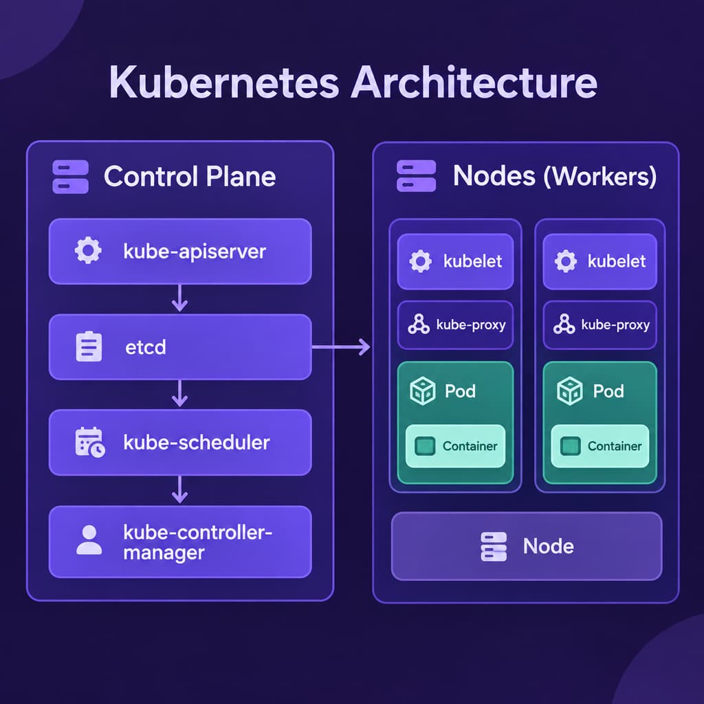 Kubernetes-Architektur mit Control Plane und Worker-Nodes, auf denen Pods und Container laufen